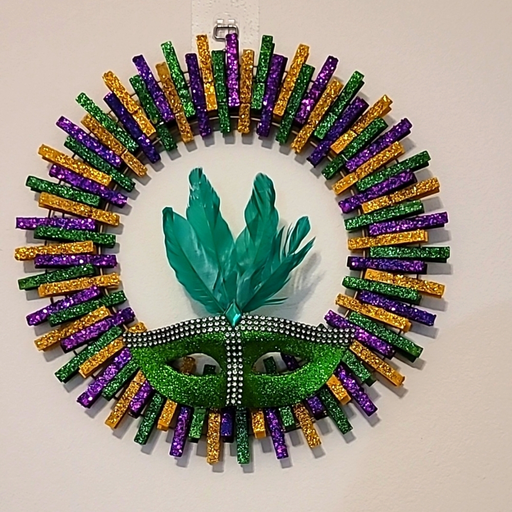 Festive Mardi Gras Wreath with Mask and Feathers